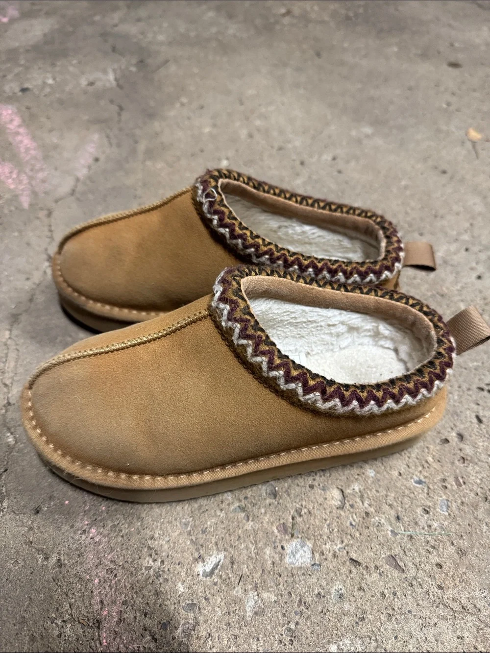 Kids Tan Suede Slip-On Shoes with Knit Trim